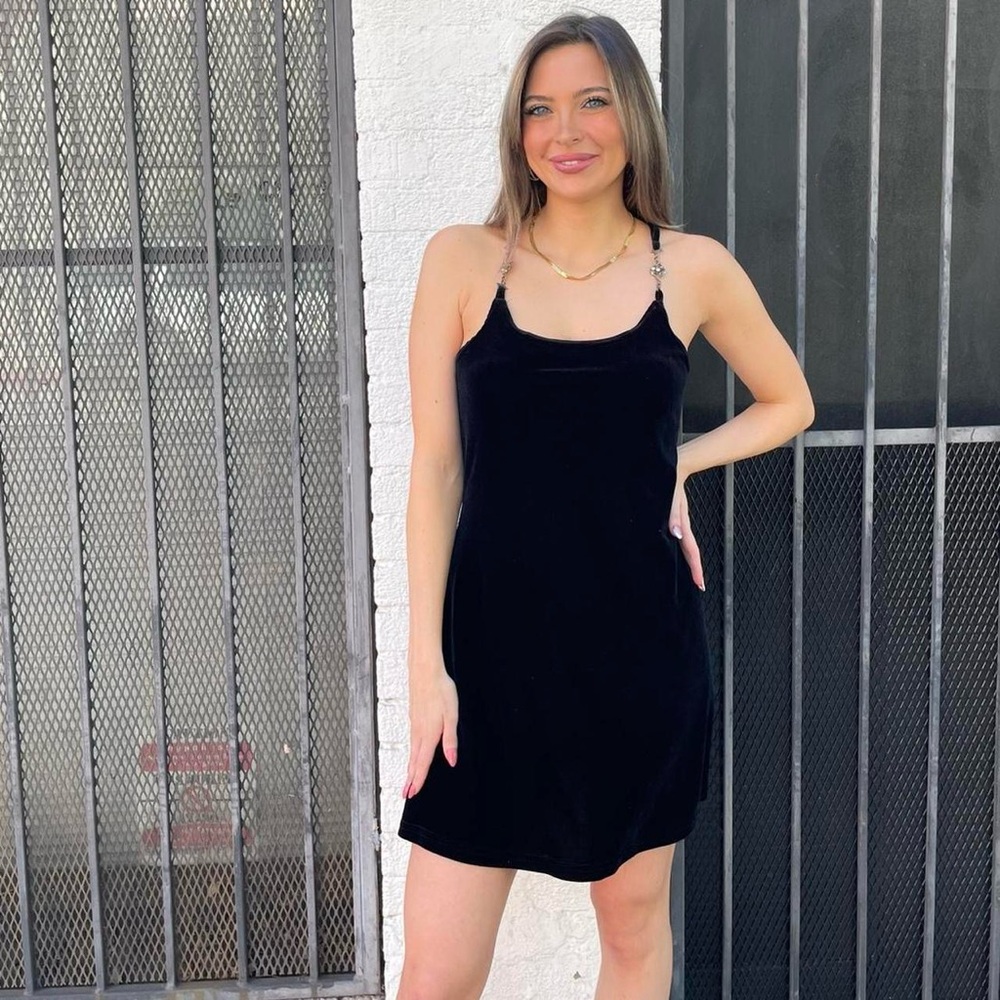 Vintage Black velvet mini dress silver metal detail sz xs #goth #whimsygoth
